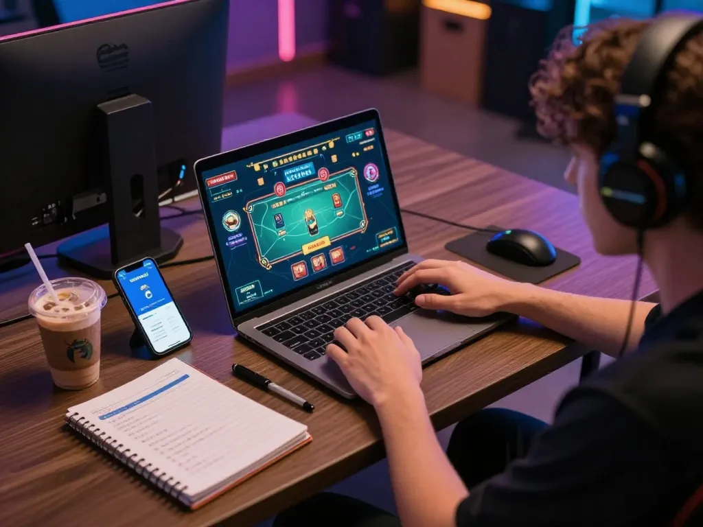 Engaged user exploring the trang chủ okwin live casino experience on a laptop, showcasing responsible gaming.