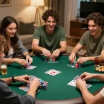 Group of friends enjoying a poker night at home, showcasing strategic gameplay and camaraderie with lively expressions.