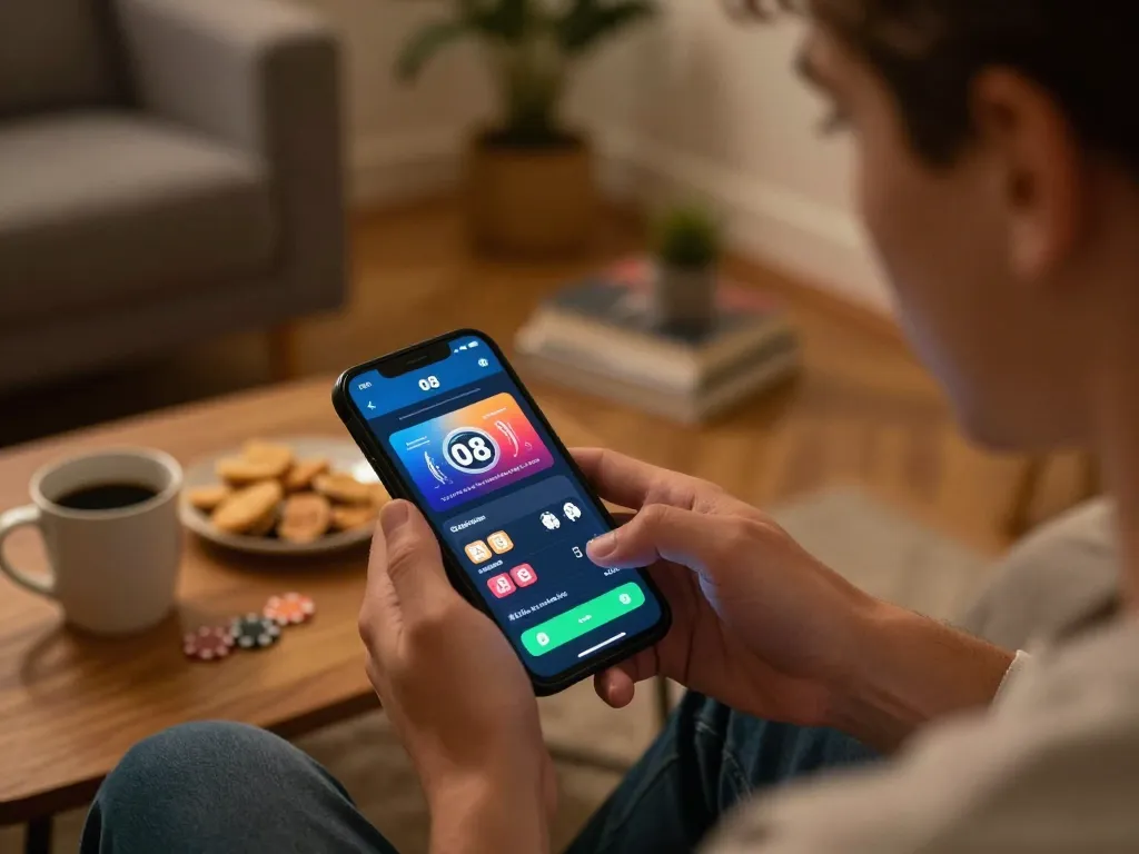 Player engaging with the O8 app in a cozy living room, highlighting online gambling excitement.
