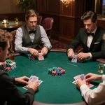 LLWIN players strategizing in an upscale private poker room, showcasing luxury gameplay atmosphere.