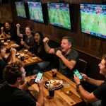 bong88v patrons engaging in sports betting at a lively sports bar while cheering for their teams