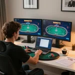 Player engaging with sunwin online poker game in a stylish home office setting with focused strategy notes