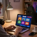 Engaging in iwin online gaming, showing vibrant game graphics on laptop while enjoying a cozy home setup