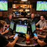 Players engaged in sports betting at OKFUN while enjoying a lively bar atmosphere