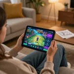 Engaged in xocdiaonline gaming, player uses tablet at home for an immersive experience.