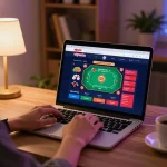Engaged player enjoying Vipwin casino gaming on a laptop at a cozy desk