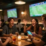 Friends enjoying football on CAKHIATV while betting on their smartphones