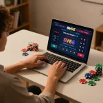 Engaging gameplay on SV66 casino site with baccarat displayed on a laptop screen in a cozy home office.