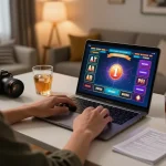 TR88 player engaging in online casino betting with detailed game interface in cozy home setting.