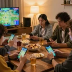 Friends enjoying sports betting with 7mz odds displayed on devices during a home gathering