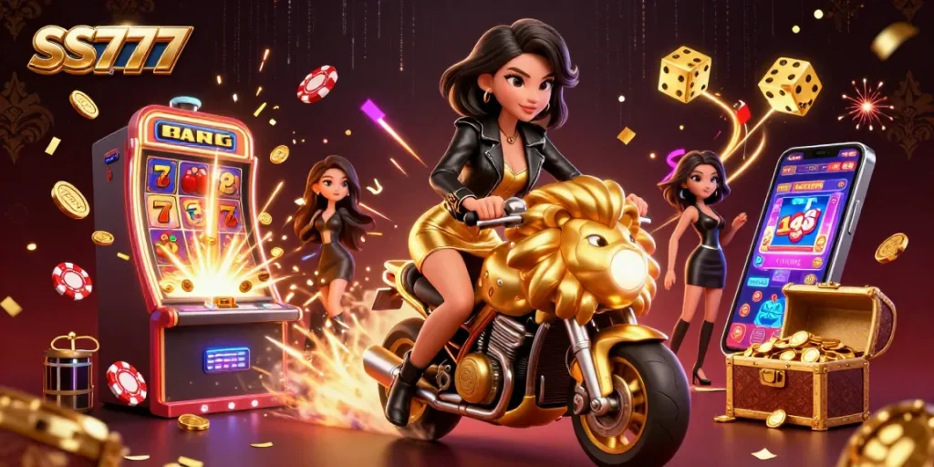 Experience the thrill of SS777 with a glamorous Asian woman riding a golden lion mascot amidst slot machines and casino games.