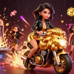Experience the thrill of SS777 with a glamorous Asian woman riding a golden lion mascot amidst slot machines and casino games.