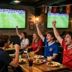 Xoilac live football viewing experience in a sports bar with fans cheering and celebrating.