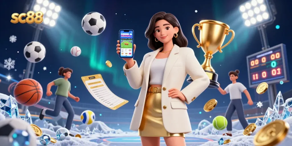 Experience thrilling bets at sc88 with a friendly Asian woman showcasing a sports betting app.