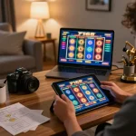 Playing exciting F168 slot games on a tablet in a cozy home environment.
