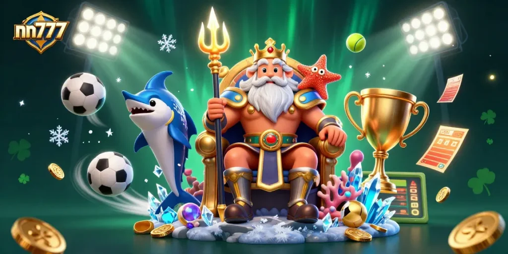 Play thrilling games at nn777, featuring Neptune and sports action in an immersive 3D casino scene.