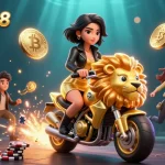 Experience vibrant play at kubet88 with a glamorous Asian woman on a golden lion, amidst dazzling casino elements.