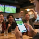 Betting on a live football match using a Socolive link on smartphone at a sports bar