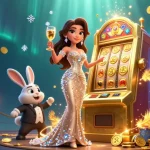 Engage in exciting gaming action at 789win with a stunning woman celebrating beside a golden jackpot.
