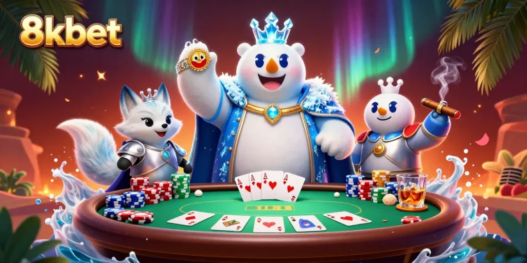 Place bets and win big with 8xbet in this vibrant casino scene featuring poker elements.