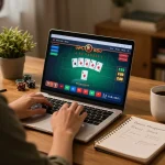 Player analyzes strategies for go89 poker game at home office with laptop and notebook.