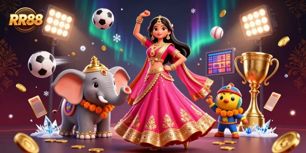 Experience thrilling gaming at RR88 with captivating characters, gold coins, and vibrant casino elements.