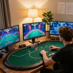 Player enjoying online poker at home on 33win with strategic notes around, warm atmosphere.