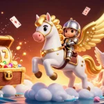 Race to win at rr88 with a magical scene of a celestial horse among slot machines and treasures.