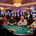 Exciting gambling experience at https://da88m7.com showcasing players at casino tables and slot machines.