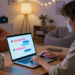 Engaging in AI NSFW chat with colorful interactive interface in modern home office setting.