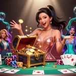 Engage in thrilling gameplay at 98win9, where a joyful Asian woman presents endless treasures in a vibrant casino scene.