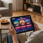 Player enjoying the 33WIN online casino app on a tablet in a cozy setting with snacks