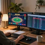 MISO88 user engaged in online gambling strategy at a sleek gaming setup, showcasing vibrant casino interfaces and sports odds.
