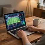 Engaging in online sports betting at home, link vào fly88 visible on the laptop screen.