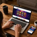 b52club online gaming setup with laptop displaying casino games and betting apps in cozy atmosphere