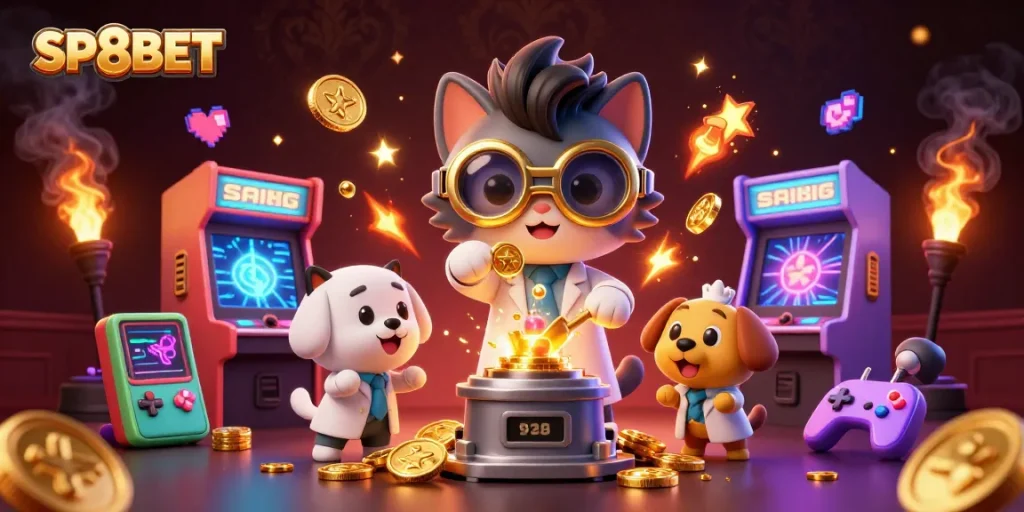 Engage with SP8BET's thrilling gaming experience featuring a cat scientist and dog assistant.