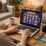 Player enjoying MMOO casino games on laptop with vibrant interface and cozy ambiance.