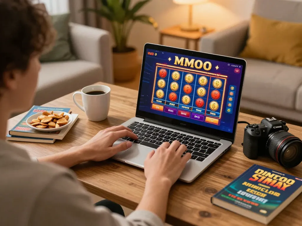 Player enjoying MMOO casino games on laptop with vibrant interface and cozy ambiance.