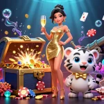 Catch big wins at Taya777 with a glamorous gaming scene featuring a woman and a lucky white tiger cub.