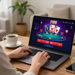 Engaging with J188 đăng nhập on a laptop in a cozy home setting for online gambling.