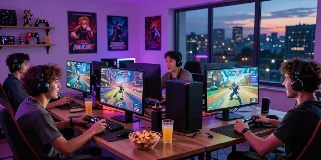 Exciting gaming night scene at https://sv88m7.com with friends engaging in multiplayer games, colorful ambient lighting, and vibrant atmosphere.