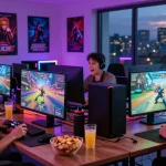 Exciting gaming night scene at https://sv88m7.com with friends engaging in multiplayer games, colorful ambient lighting, and vibrant atmosphere.