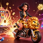 GG88 showcases a glamorous Asian woman riding a golden lion mascot among vibrant casino elements celebrating thrilling wins.