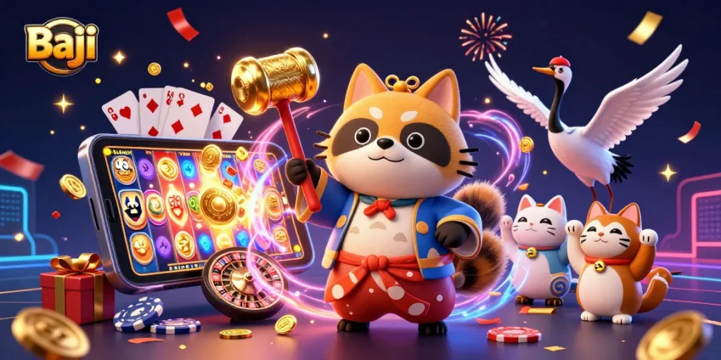 Baji players enjoying spinning slot games with exciting jackpots and cheerful characters at the casino.