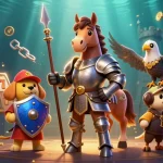 Engage with 56win in this vibrant 3D casino scene featuring a medieval knight, puppy, and falcon.