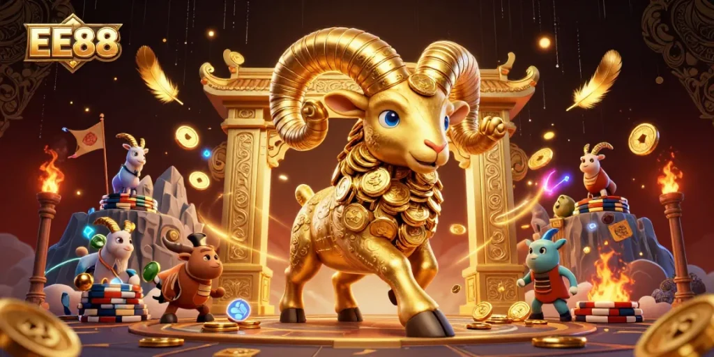 EE88 captures thrilling casino action with a golden ram charging through ornate gates.