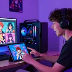 Engaging user interacting with a virtual AI character in an animated AI ecchi chat environment, showcasing vibrant digital interfaces.