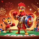 Engage in thrilling games at for88, where a gladiator rooster battles with a tiger in a vibrant casino environment.