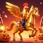 77win showcases a vibrant casino scene with golden rooster and lanterns, immersing players in thrilling slots action.