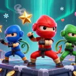 Engage with thrilling 33bmw casino games illustrated by vibrant chameleon ninjas amidst golden arcade elements.